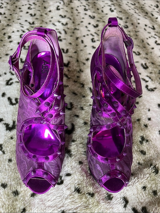 Jessica Simpson Shoes - Jessica Simpson Metallic Purple Lace Peep-Toe Heels with Studded Straps
